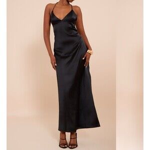 Pretty Little Thing Black Lace Up Maxi Satin Slip Dress Size 4